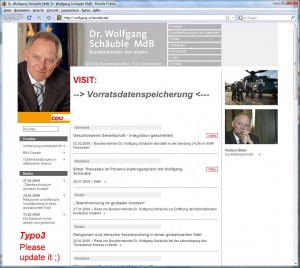 Screenshot der gehackten Website von Wolfgang Schäuble (http://wolfgang-schaeuble.de) Screenshot der gehackten Website von Wolfgang Schäuble (http://wolfgang-schaeuble.de)