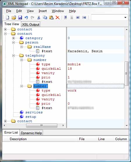 Fritzbox-Telefonbuch im XML-Editor