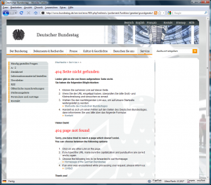 HTTP-404-Fehlermeldung auf dem Webserver des Deutschen Bundestages