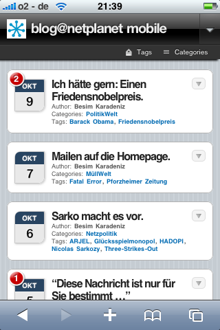 Screenshot WPtouch Theme auf dem iPhone