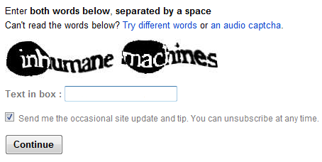 CAPTCHA mit den Begriff "inhumane machines"